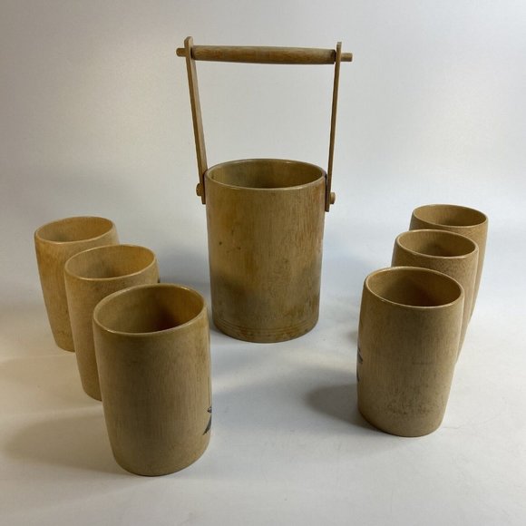 Tiki Bamboo Glasses & Ice Bucket Hand Painted Korean War Souvenir 50's Set of 7 - Picture 4 of 16
